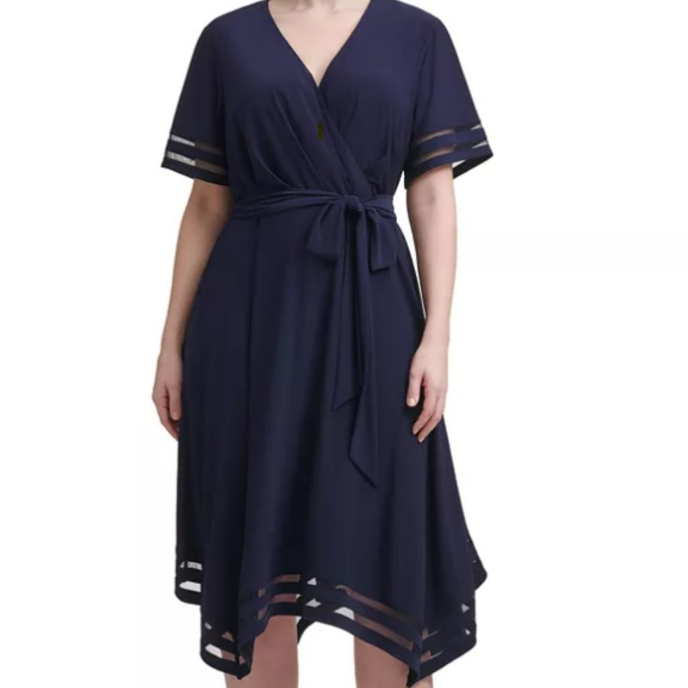 Jessica Howard Plus Size Illusion-Striped Faux-Wrap Dress, 20W, Navy